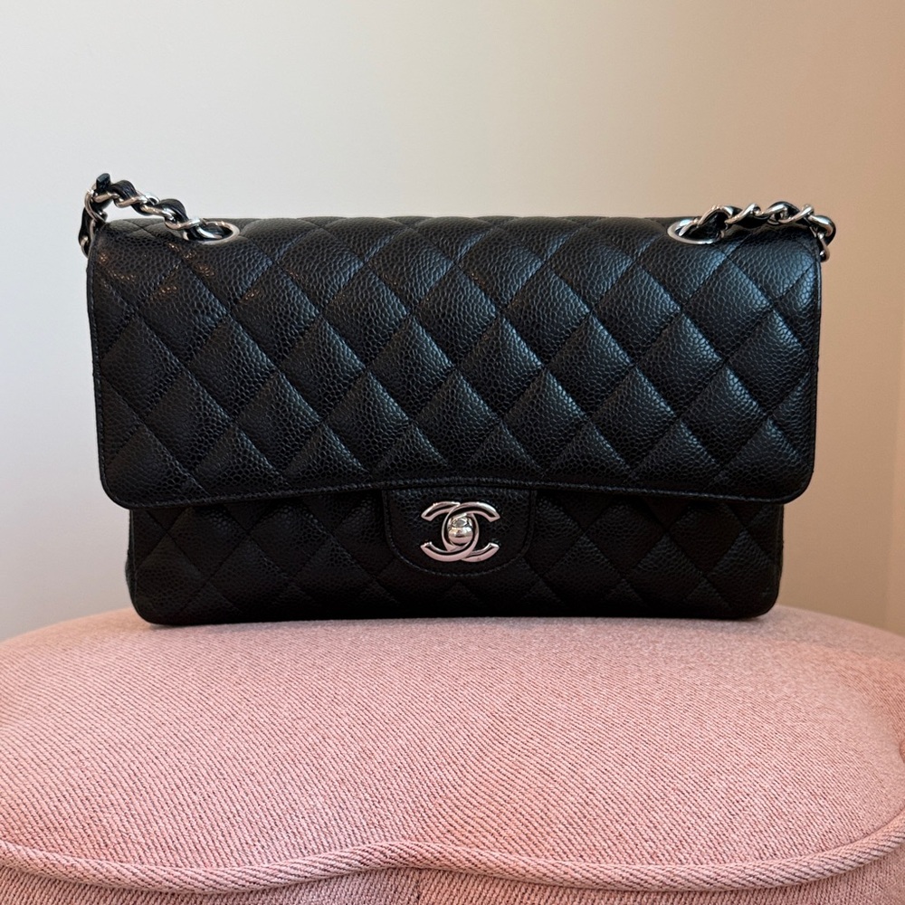 CHANEL Black Medium Double Flap Bag with Silver-Tone Hardware